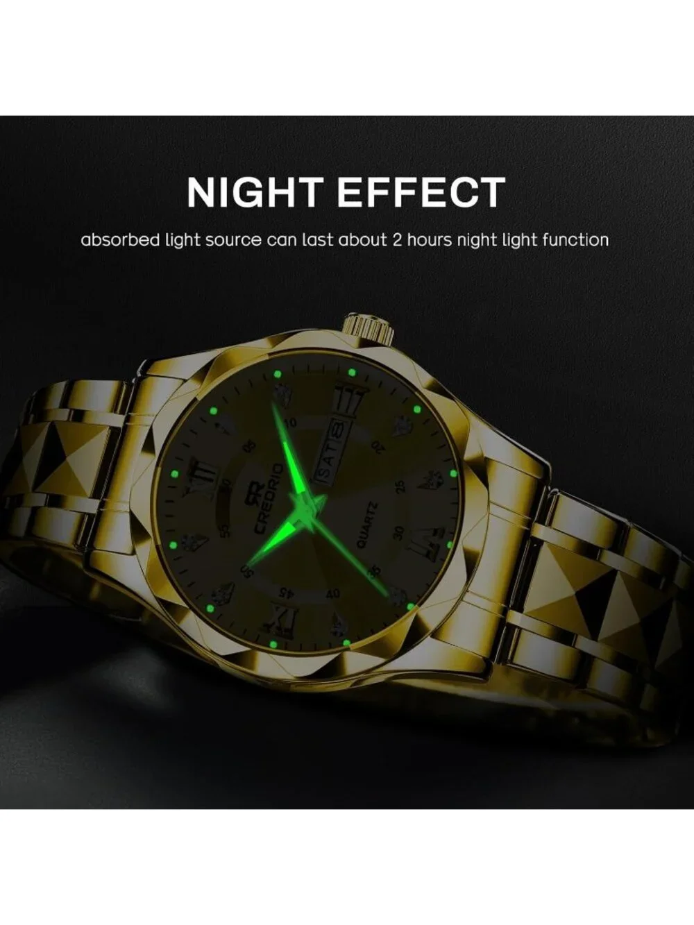 Mens Gold Stainless Steel Waterproof Diamond Analog Quartz Luminous Wrist Watch